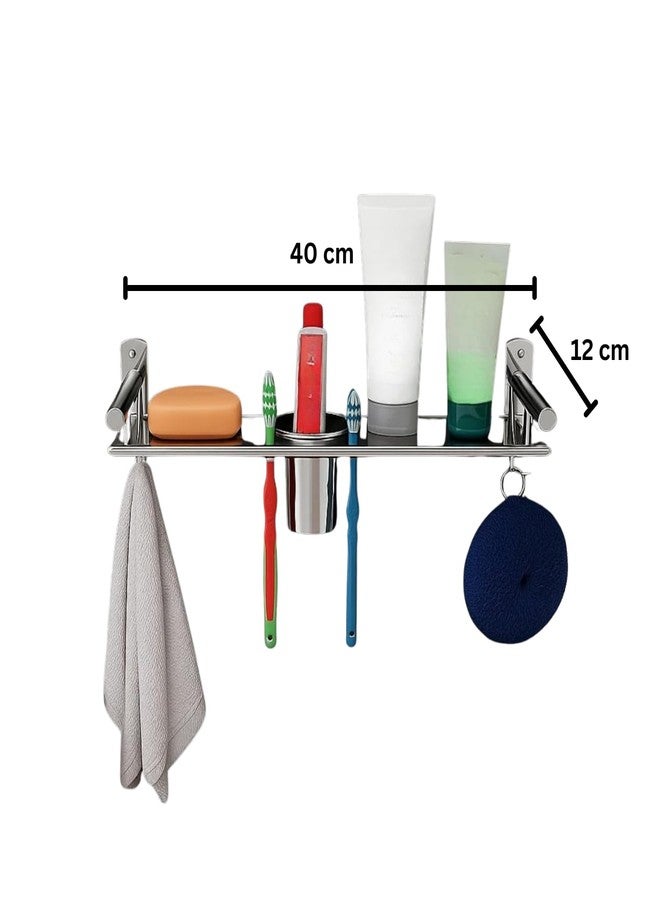 Well Set Stainless Steel 3-in-1 Bathroom Wall Shelf | Multipurpose Soap Holder with Toothbrush & Tumbler Stand | Compact Wall Mounted Organizer Rack for Bathroom (Silver) - Image 2